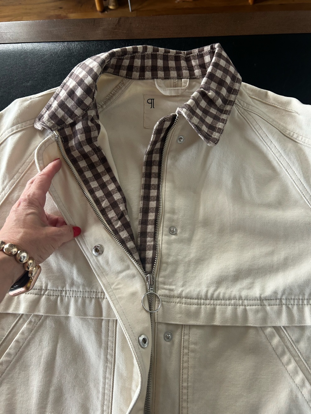 Pilcro Cream Jean Jacket with Plaid Trim - Picture 7 of 9